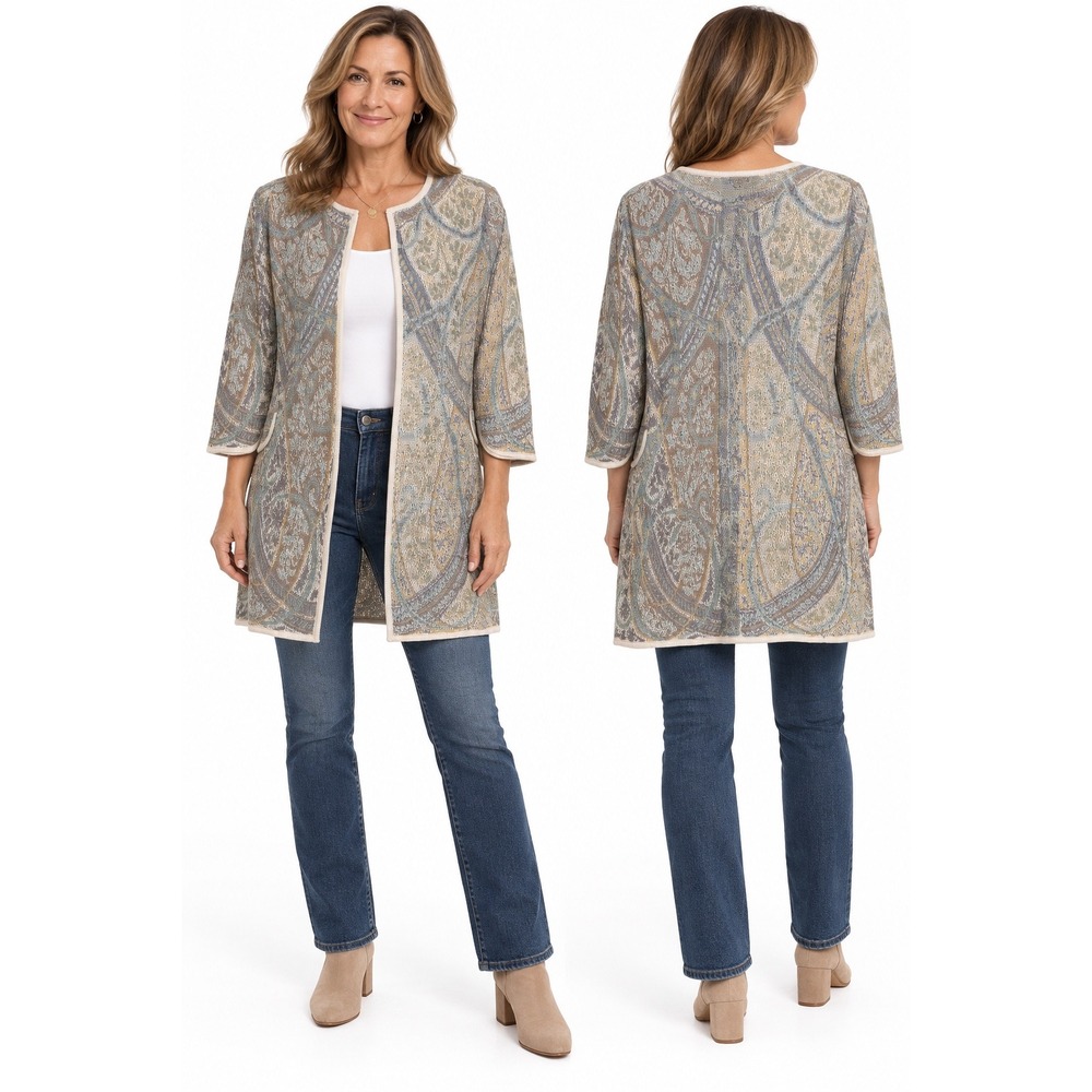 Peruvian Connection Cardigan M Multi Paisley Pima Cotton Open Front Art to Wear